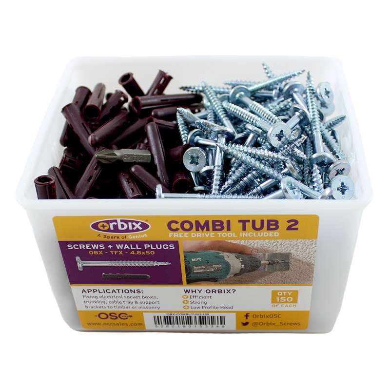 [07142] Orbix Brown Wall Plugs + Screws Combi-Tub 150-Pack