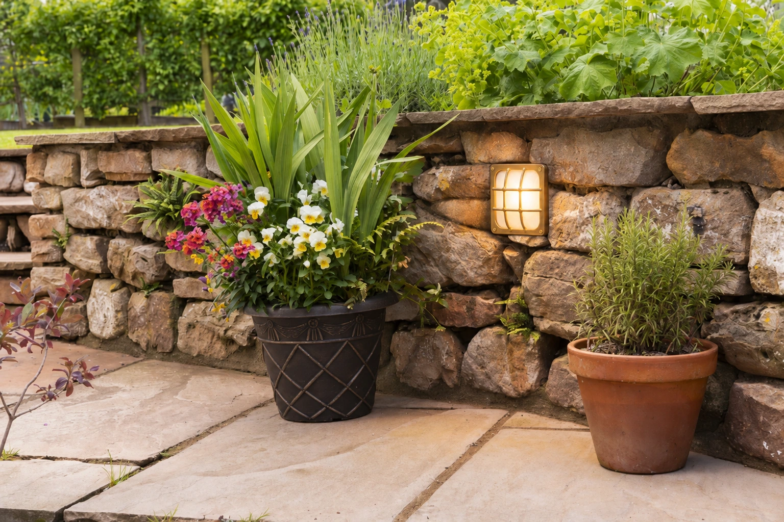 Illuminated Navigator Francis Wall Light in a garden stone wall
