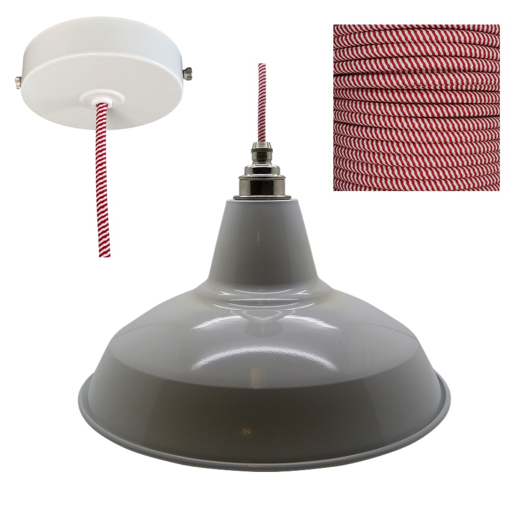[09060 Dave] White Industrial Shade Pendant (DAVE Nickel/Round Red & White Spiral)