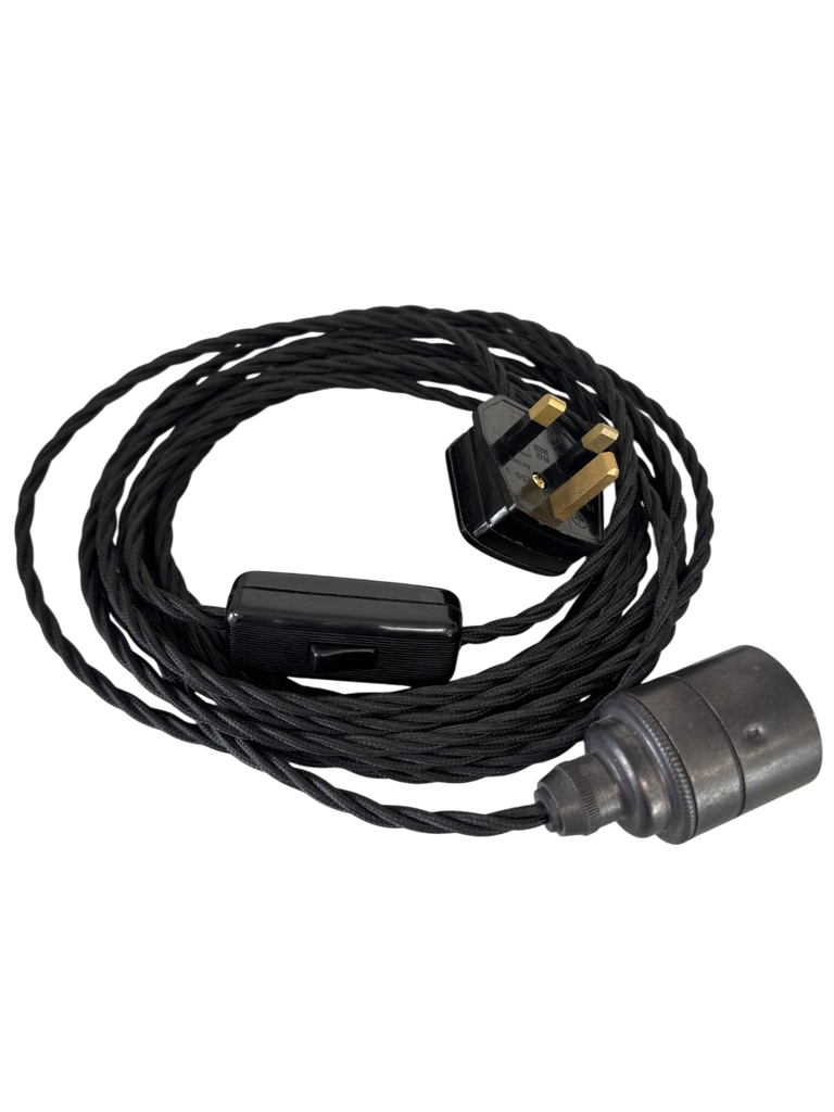 Lead Set with Inline Switch and Plug and Bronze Lampholder - Black Braided 3 Core Cable 5m