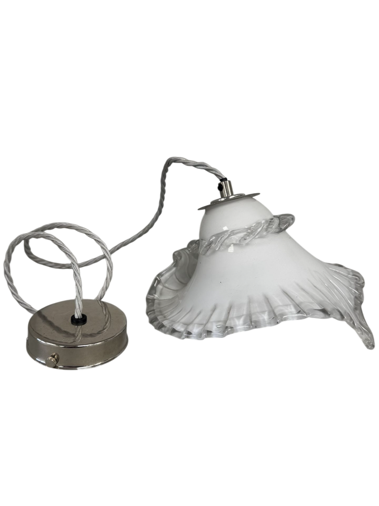 White Murano Style Glass Pendant with Silver Flex and Nickel Rose