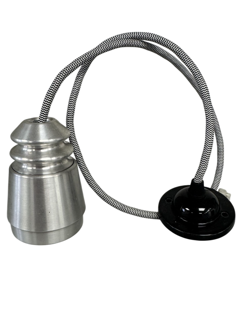 Turned Aluminium Heavy Duty Lampholder Pendant with Zig Zag Black & White Flex. Black Ceiling Rose