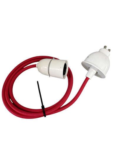 [01105] GU10 Converter Pendant Set - Red Braided Flex, White BC Lampholder 1m