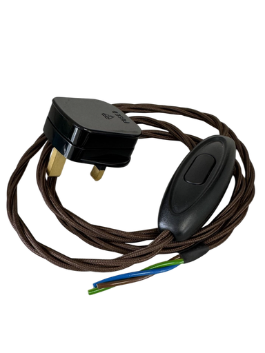 [01108] Lead Set with Inline Switch and Plug - Brown Braided 3 Core Cable 1.2m